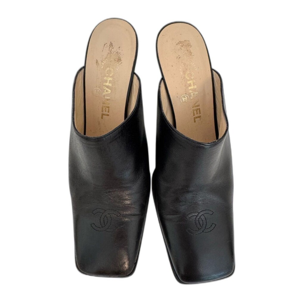 Chanel Vintage Black Leather CC Logo Square Toe Mules Y2K Shoes EU 39.5